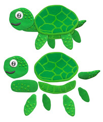 smile green turtle made from plasticine and object for graphic designer use on white background