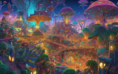 Fototapeta na wymiar The view of the mushroom buildings of fairy tales heaven. Generative AI.