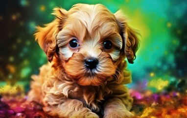 Yorkshire terrier puppy in the colorful background. Generative AI.