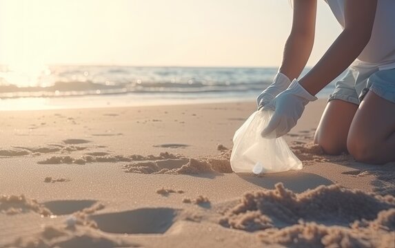 Cleaning the rubbishes at the beach in the morning. Generative AI.