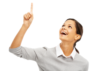 Hand, excited or business woman with finger pointing up isolated on transparent png background. Happy person showing product promotion, deal offer or sale sign for announcement or logo advertising