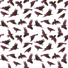 Vector seamless pattern with flying gradient crows on a white background. Mystical background with birds in the Halloween theme. Purple birds, for printing on textiles and paper