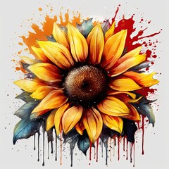 Watercolor colorful sunflower on the white background. Generative AI.