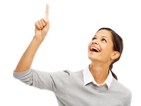 Hand, excited or business woman with finger pointing up isolated on transparent png background. Happy person showing product promotion, deal offer or sale sign for announcement or logo advertising