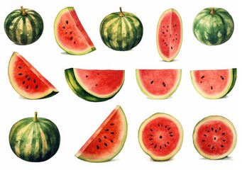 Watercolor of watermelons on the white background. Generative AI.