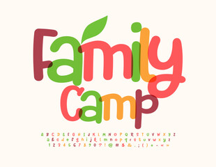 Vector bright emblem Family Camp with decorative Leaf. Watercolor Alphabet Letters, Numbers and Symbols set. Creative handwritten Font