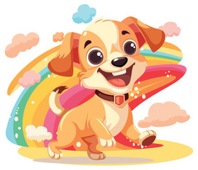 Fototapeta na wymiar Cute dog cartoon character with rainbow isolated
