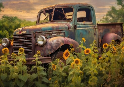 Old rusty truck in the sunflowers field. Generative AI.