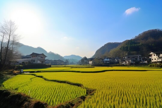 Rice terraces at the countryside with mountains. Generative AI.