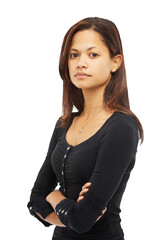 Serious, fashion and woman confident with style clothes arms crossed isolated in a transparent or png background. Assertive, relax and portrait of a calm young female person with confidence