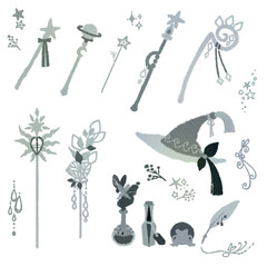 ファンタジーな魔法アイテムのモノクロイラスト