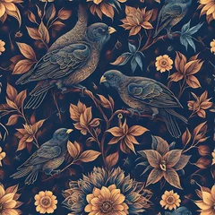 Foto op Canvas Seamless patterns of flowers and birds. Generative AI © wolfhound911