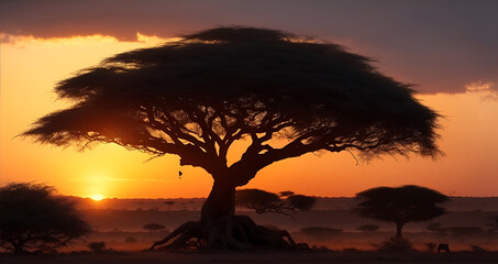 Fototapeta na wymiar Silhouette of acacia tree in african sunset. Generative AI