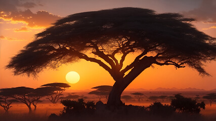 Silhouette of acacia tree in african sunset. Generative AI - obrazy, fototapety, plakaty