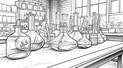 Lab equipment coloring book style, 