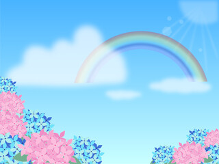 雨上がりの青空と虹、紫陽花の花