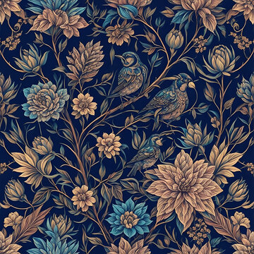 Seamless patterns of flowers and birds. Generative AI