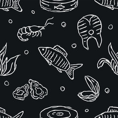 Seamless seafood pattern. Drawn seafood background