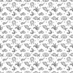 Seamless seafood pattern. Drawn seafood background