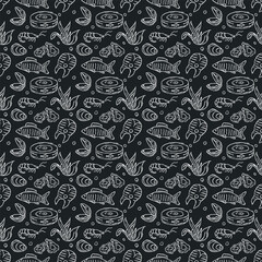 Naklejka premium Seamless seafood pattern. Drawn seafood background
