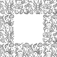 Seafood background. Drawn seafood illustration with place for text