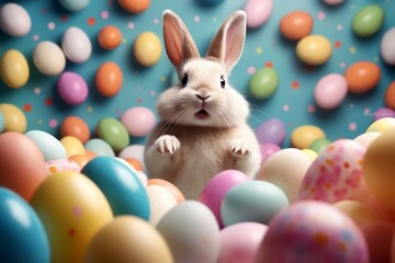 Obraz na płótnie Canvas Joyful Easter Bunny with an Abundance of Colorful Easter Eggs - Festive Celebration and Springtime Delight, Generative AI