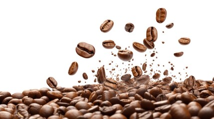 Coffee bean fly explosion, coffee crushed mix seed float explode on white background isolated. Generative AI.
