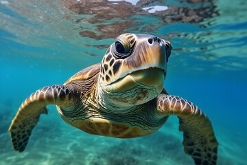 Happy Sea Turtle in a Serene Swim - Joyful Marine Life and Aquatic Delight, Generative AI