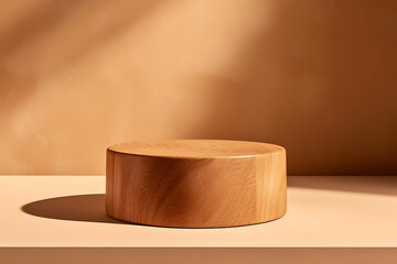 Brown wooden podium with sunlight in a brown background for product display template, mockup.