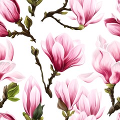 pink Flower tulip Magnolia seamless Pattern with white background. colourful Floral endless Texture, cute botanical design for textile or print
