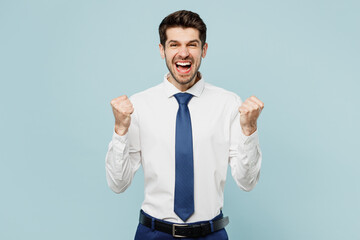 Young employee business man corporate lawyer wear classic formal shirt tie work in office doing...