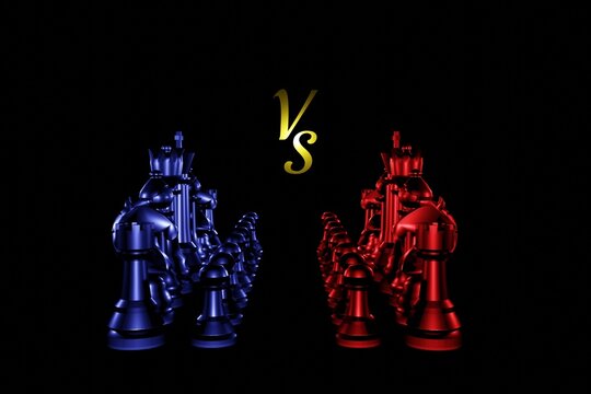 Scacchi blu versus scacchi rossi, lotta tra il bene e il male , due schieramenti opposti pronti per la battaglia, Intelligenza artificiale generativa.