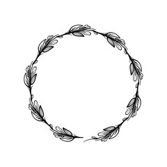 Floral Wreath branch in hand drawn style. Floral round black and white frame of twigs, leaves and flowers. Frames for the Valentine's day, wedding decor, logo and identity template.