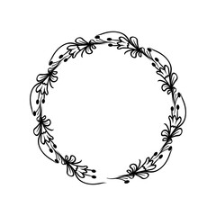 Floral Wreath branch in hand drawn style. Floral round black and white frame of twigs, leaves and flowers. Frames for the Valentine's day, wedding decor, logo and identity template.