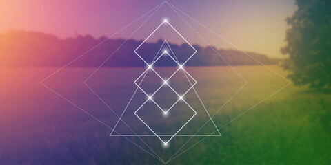 Sacred geometry spiritual new age futuristic illustration with transmutation interlocking circles, triangles and glowing particles