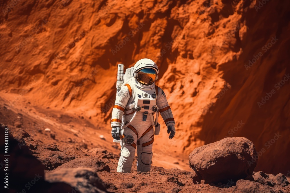 Poster astronau exploring the surface of planet mars