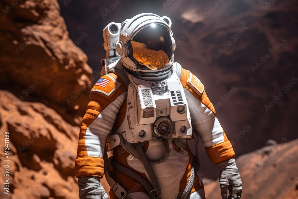 Sticker astronau exploring the surface of planet mars