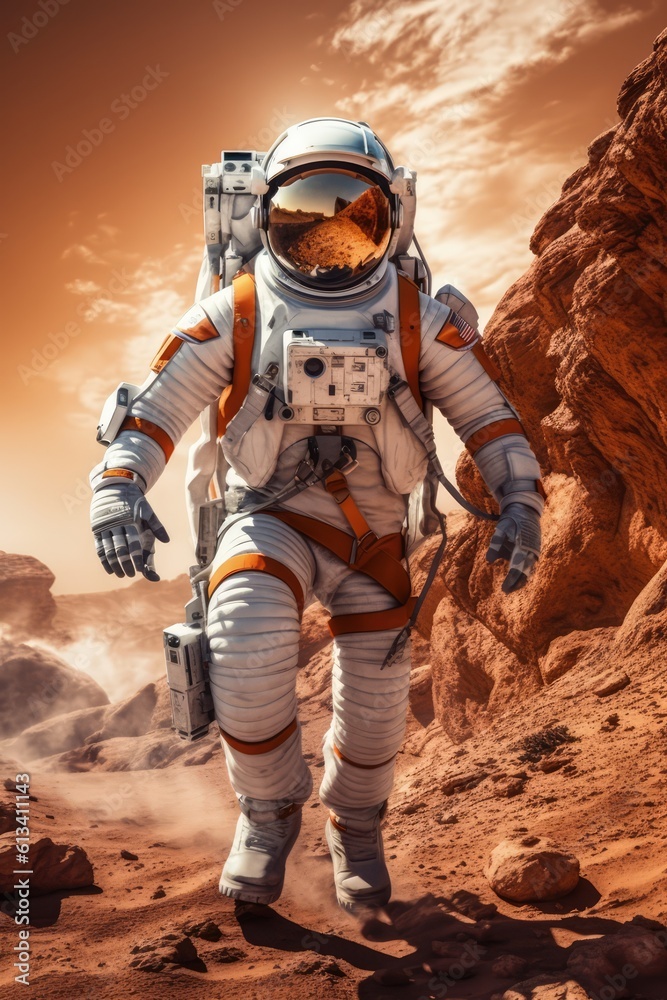 Poster astronau exploring the surface of planet mars