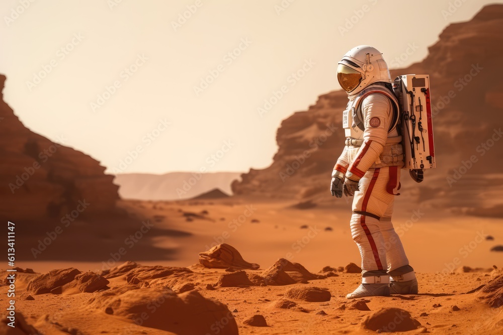 Poster astronau exploring the surface of planet mars