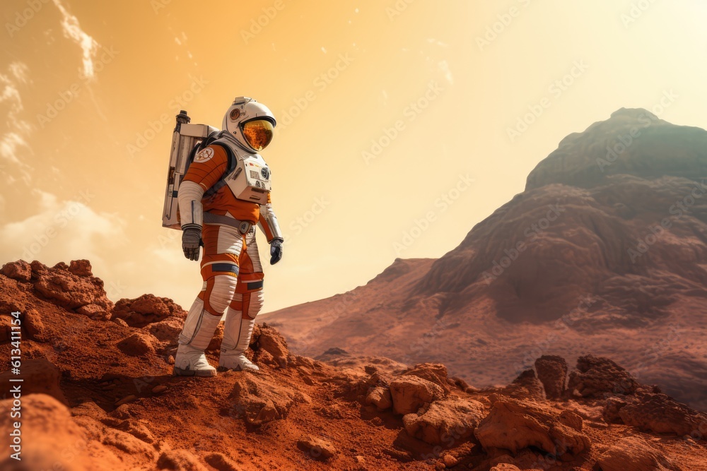 Sticker astronau exploring the surface of planet mars