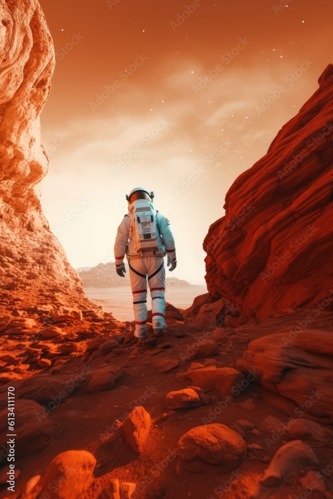 Poster astronau exploring the surface of planet mars
