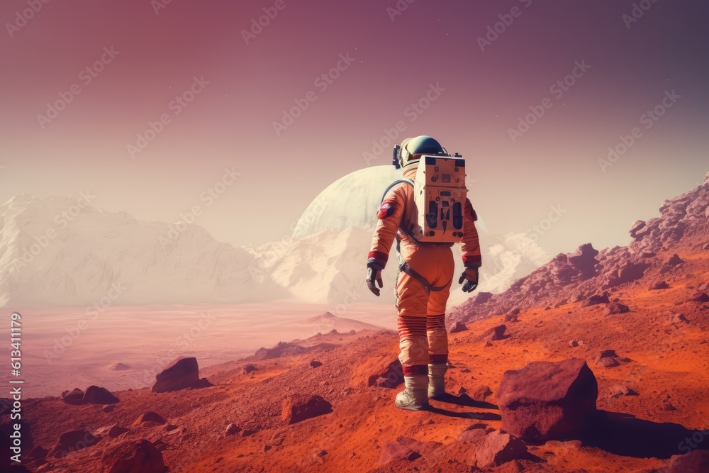 Sticker astronau exploring the surface of planet mars