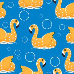 Yellow cartoon flamingo with polka dots swims on the sea waves in summer. Seamless summer cute pattern for textile. 