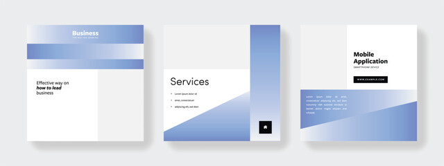 Clean and elegant social media templates pack with gradient effect, soft blue and white, black contrast elements. Instagram posts for business with copy space for photos and text, product presentation