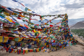 The beautiful views of Colorful Tibetan prayer flags on Namgyal Tsemo Monastery