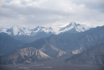 The beautiful views of  Old Leh city and Stok Kangri,Ladakh mountain ranges from Namgyal Tsemo Monastery or Namgyal Tsemo Gompa - obrazy, fototapety, plakaty