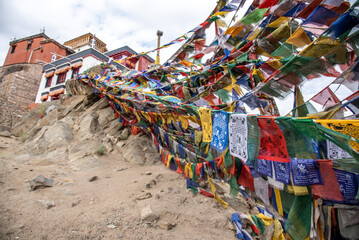 The beautiful views of Colorful Tibetan prayer flags on Namgyal Tsemo Monastery