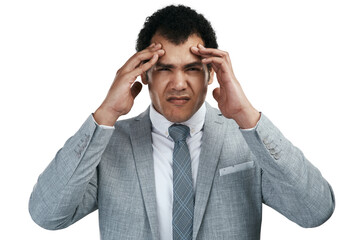 Headache, portrait and business man confused, stress or worried for financial mistake, crisis or...