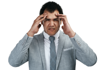 Headache, portrait and business man confused, stress or worried for financial mistake, crisis or tax problem. Pain, doubt and corporate person with finance risk isolated on transparent png background