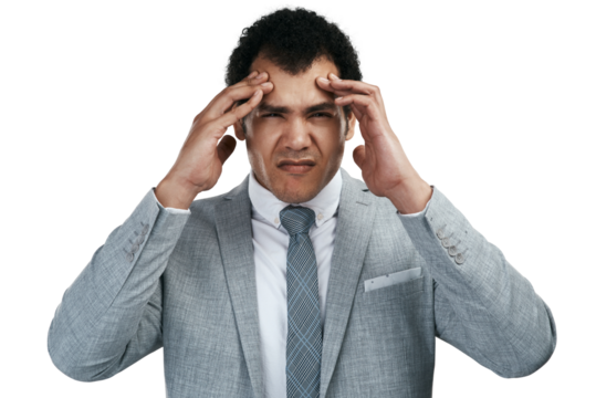 Headache, portrait and business man confused, stress or worried for financial mistake, crisis or tax problem. Pain, doubt and corporate person with finance risk isolated on transparent png background